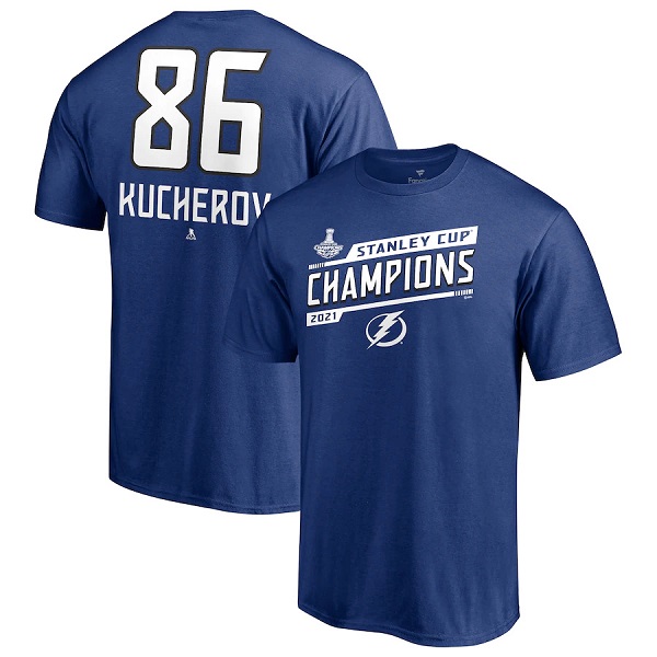 Men's Tampa Bay Lightning #86 Nikita Kucherov 2021 Blue Stanley Cup Champions Name & Number T-Shirt Men's Tampa Bay Lightning #86 Nikita Kucherov 2021 Blue Stanley Cup Champions Name & Number T-Shirt
